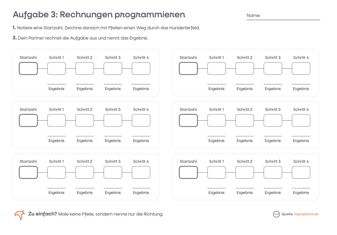 Ansicht eines Arbeitsblatts. Überschrift: Aufgabe 3. Rechnungen programmieren. Darunter freie Felder zur Berechnung von Aufgaben.