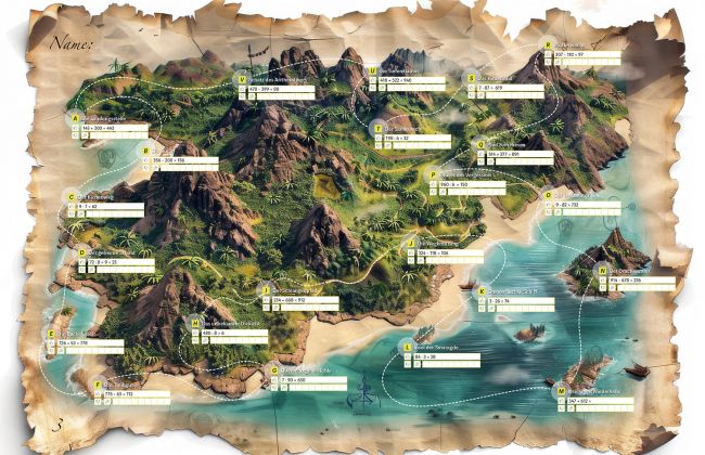 Schatzkarte mit Abbildung einer Insel. Ein Pfad führt entlang verschiedener Rechenaufgaben.