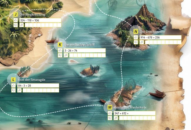 Ausschnitt einer Schatzkarte mit Meer, Inseln und einem Strand.