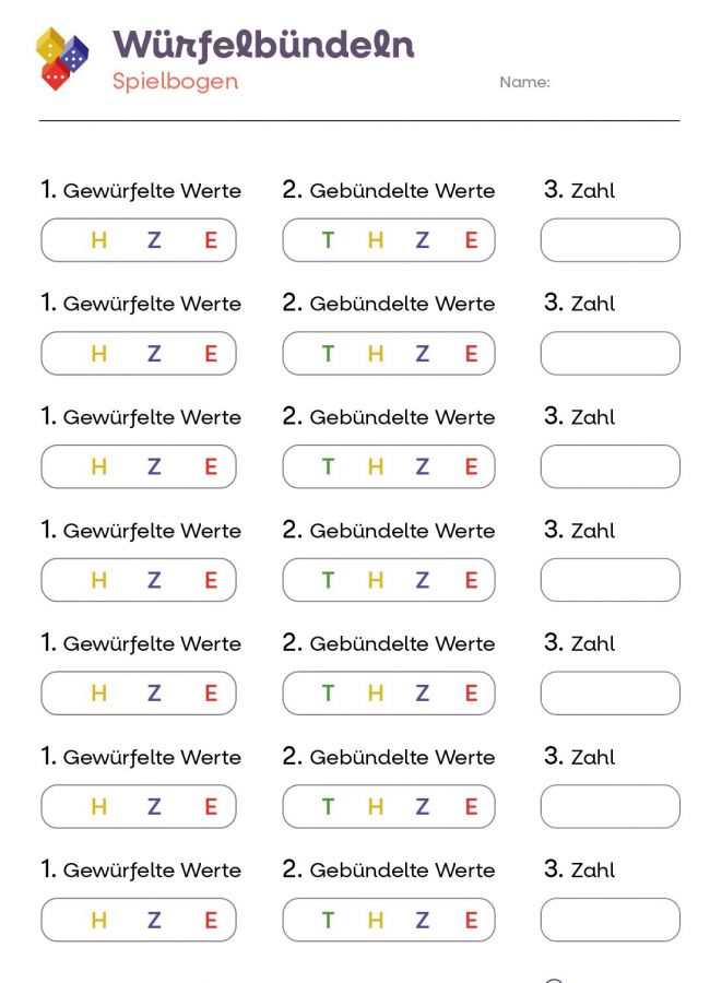 Arbeitsblatt mit verschiedenen Stellenwerten zum Beschriften.