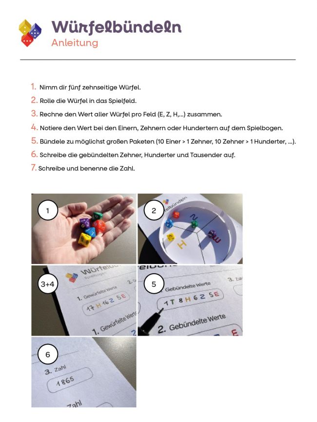 Anleitung zum Würfelbündeln. Verschiedene Fotos illustrieren den Ablauf.