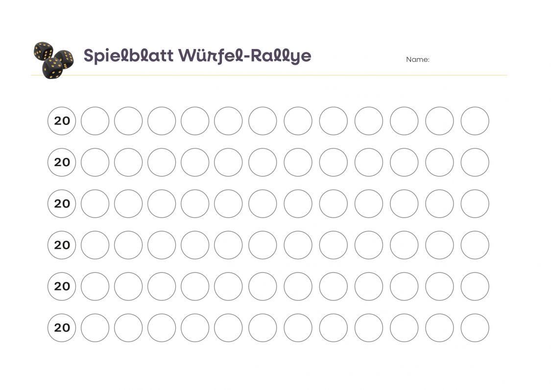 Ansicht des Übungsblatts Würfelrallye. Links die Startzahl 20, daneben 12 freie Felder mit leeren Kreisen.