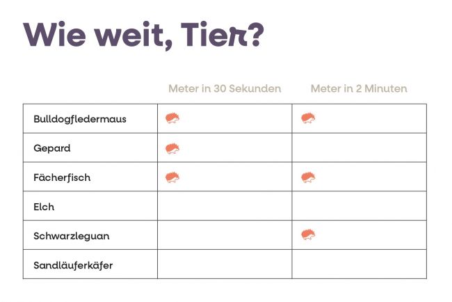 Tabelle mit verschiedenen Tiernamen und Lücken zum Ausfüllen.