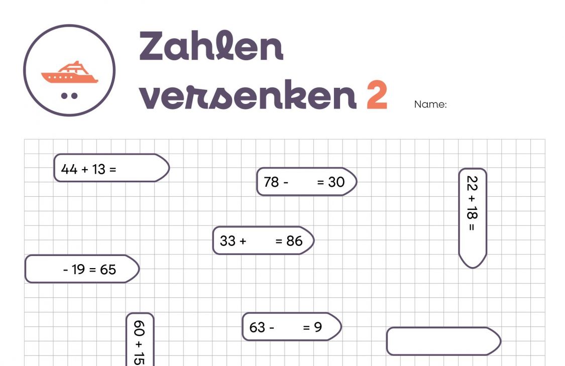 Ausschnitt des Arbeitsblatts »Zahlen versenken«. Titel mit Schiffs-Icon daneben und einige exemplarische Rechenaufgaben.