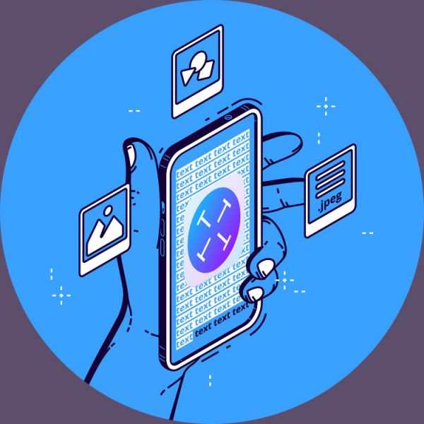 Illustration einer Hand mit Smartphone. Auf dem Display das TextSniper Icon (Fadenkreuz)