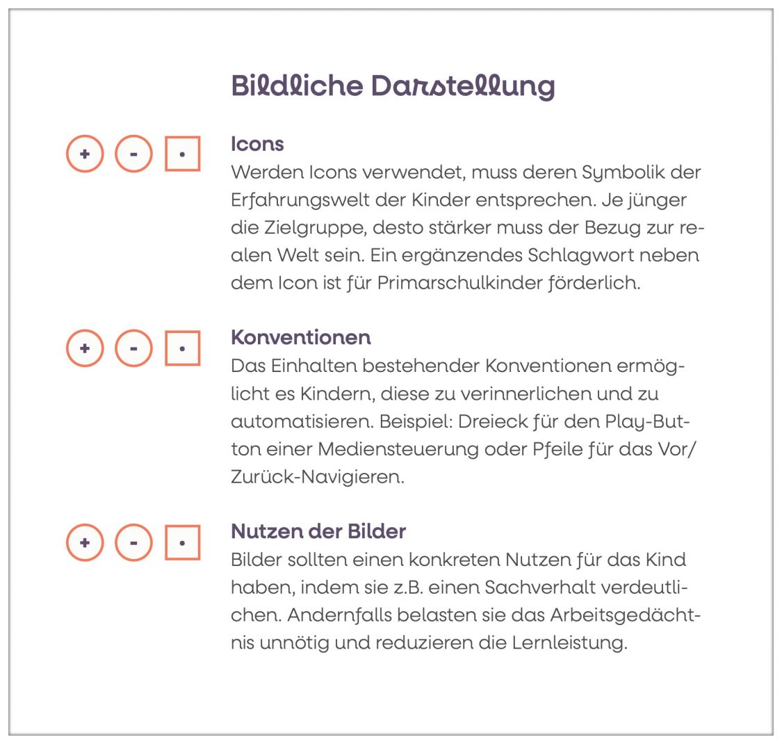 Text, der verschiedene Designkriterien beschreibt. Daneben Icons zum Ankreuzen der Relevanz der Kriterien.