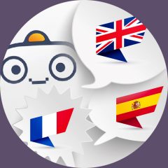 Drei Sprechblasen mit den Länderflaggen Spaniens, Großbritanniens und Frankreich darin. Links oben der Roboter der App