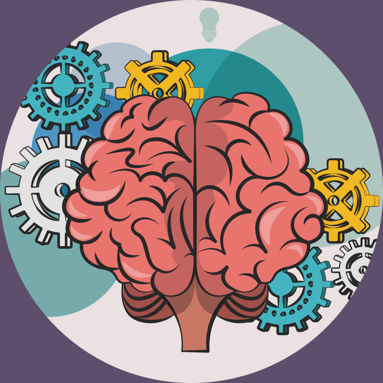 Illustration eines Gehirns mit mehreren Zahnrädern darum.