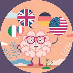 Illustration eines Gehirns mit Brille. Darum herum verschiedene Länderflaggen in Form von Sprechblasen.